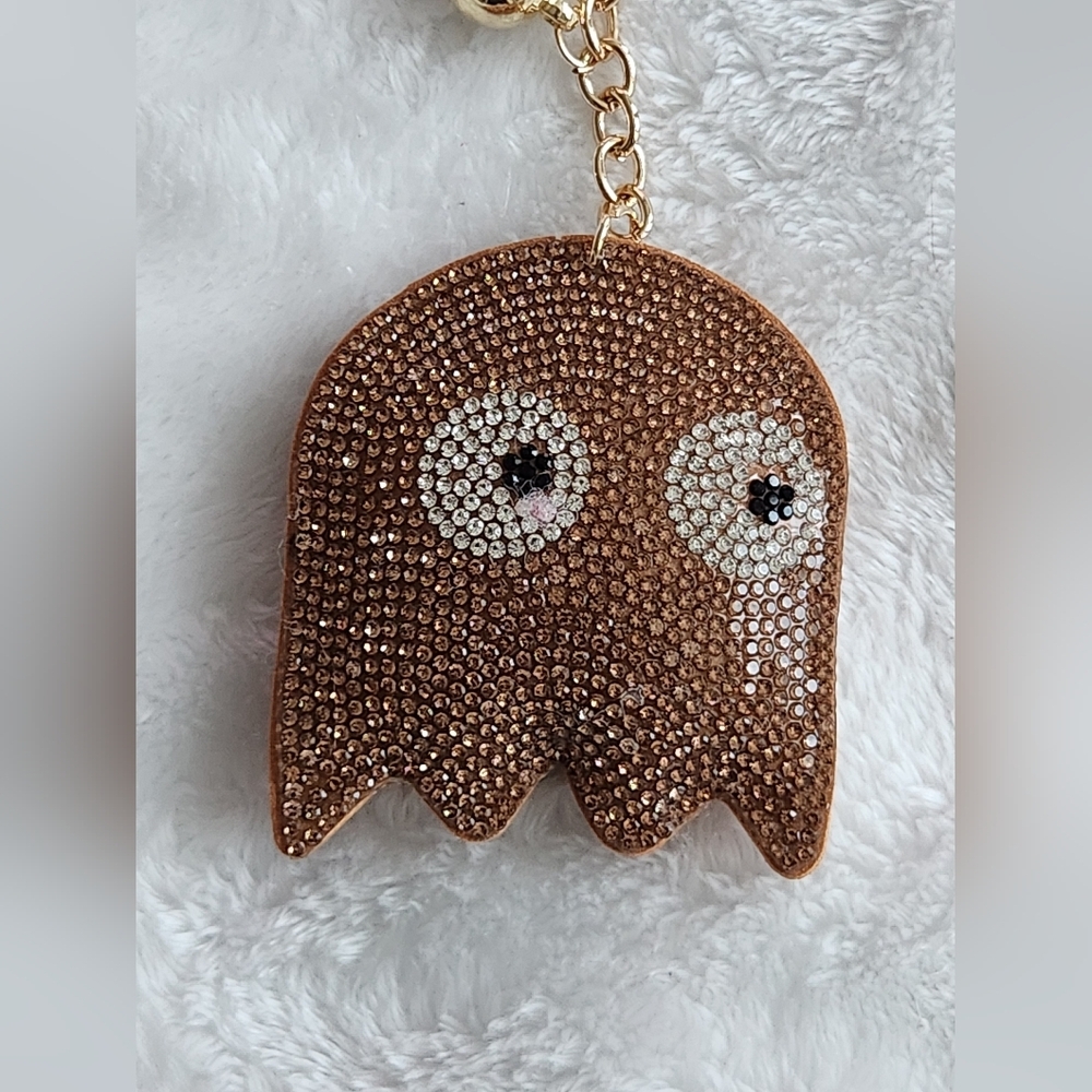 Pacman Brown Ghost Rhinestone Keychain Video Game Bag Charm - Picture 2 of 4